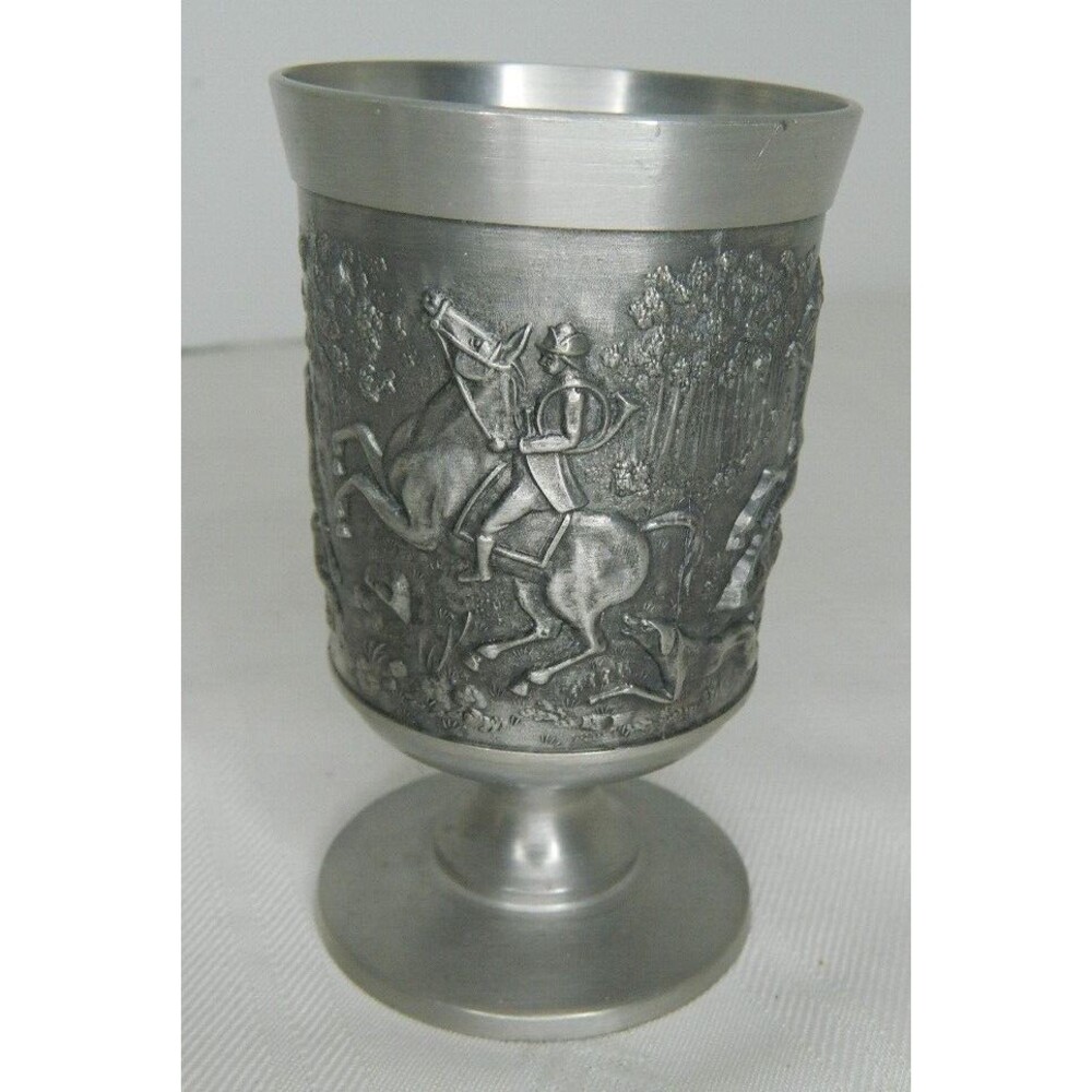 Rein Zinn Etain Pur 92% Pewter Stemmed Goblet Ornate Hunting Scene 4.5" Tall